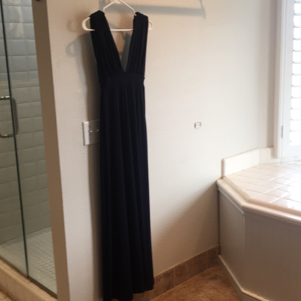 Floor length- Navy- plunge neck and back line.